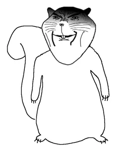impish soyak ears, ominous impish squirrel, squirreljak, animal, arm, ear, full body, hands, ominous, smile