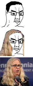 chudjak, 2soyjaks, angry, closed mouth, glasses, hair, real life, soyjak, tranny