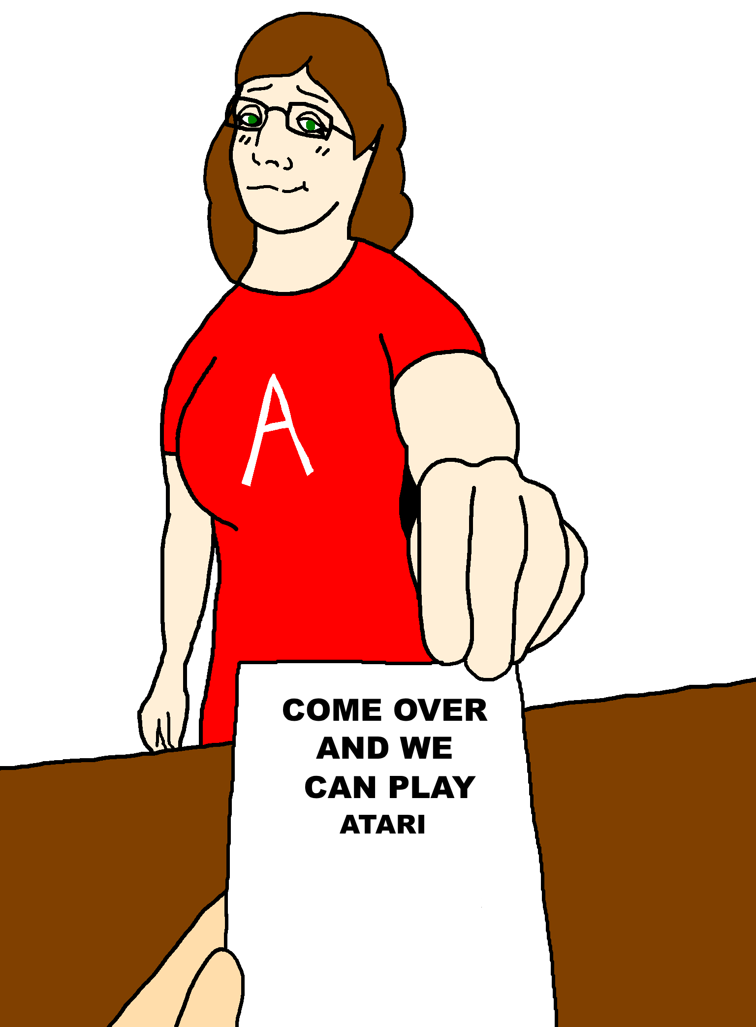 bartender, female bartender, foidjaks, arm, atari, brown hair, closed mouth, english text, eyelashes, female