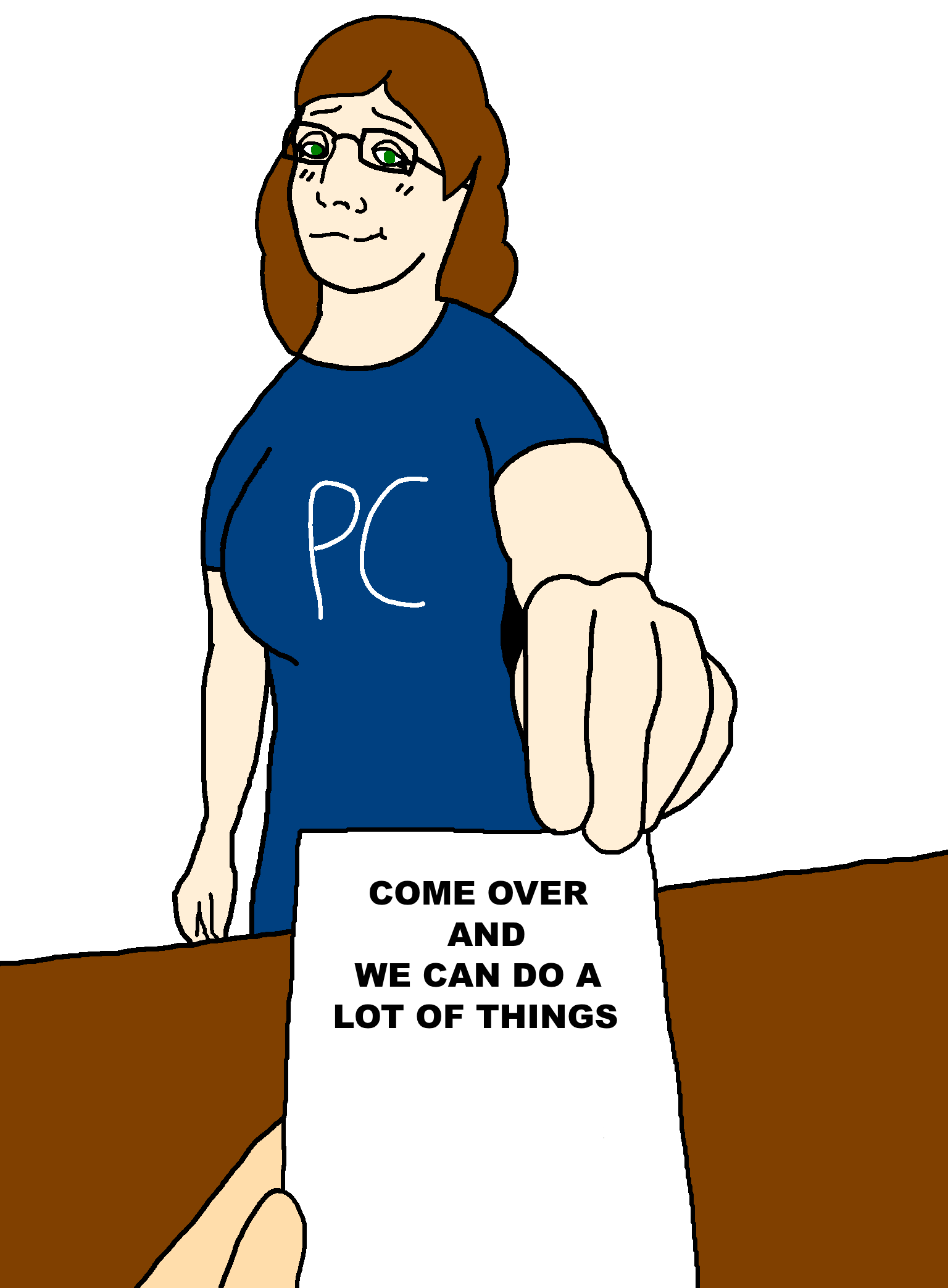 bartender, female bartender, foidjaks, arm, blue shirt, brown hair, closed mouth, computer, english text, eyelashes