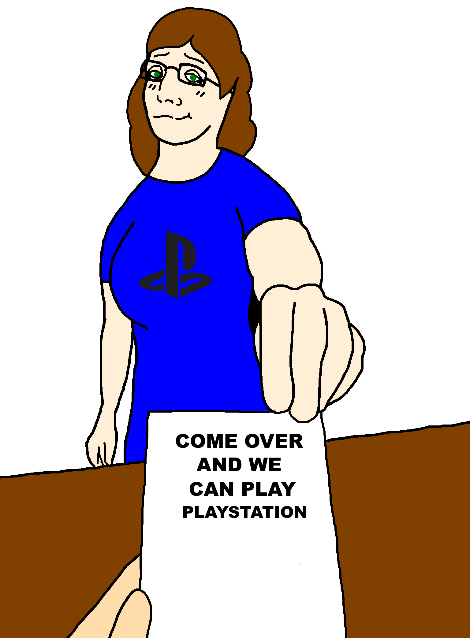 bartender, female bartender, foidjaks, arm, atari, blue shirt, brown hair, closed mouth, english text, eyelashes