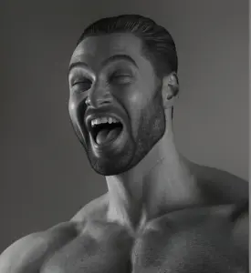 gigachad, asian, asian eyes, asiangiga, buff, closed eyes, gigger, gray skin, happy, open mouth