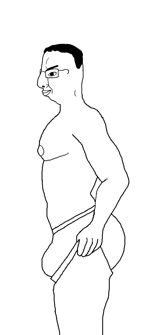 chudjak, big lips, black hair, buff, closed mouth, clothes, full body, glasses, hair, lips