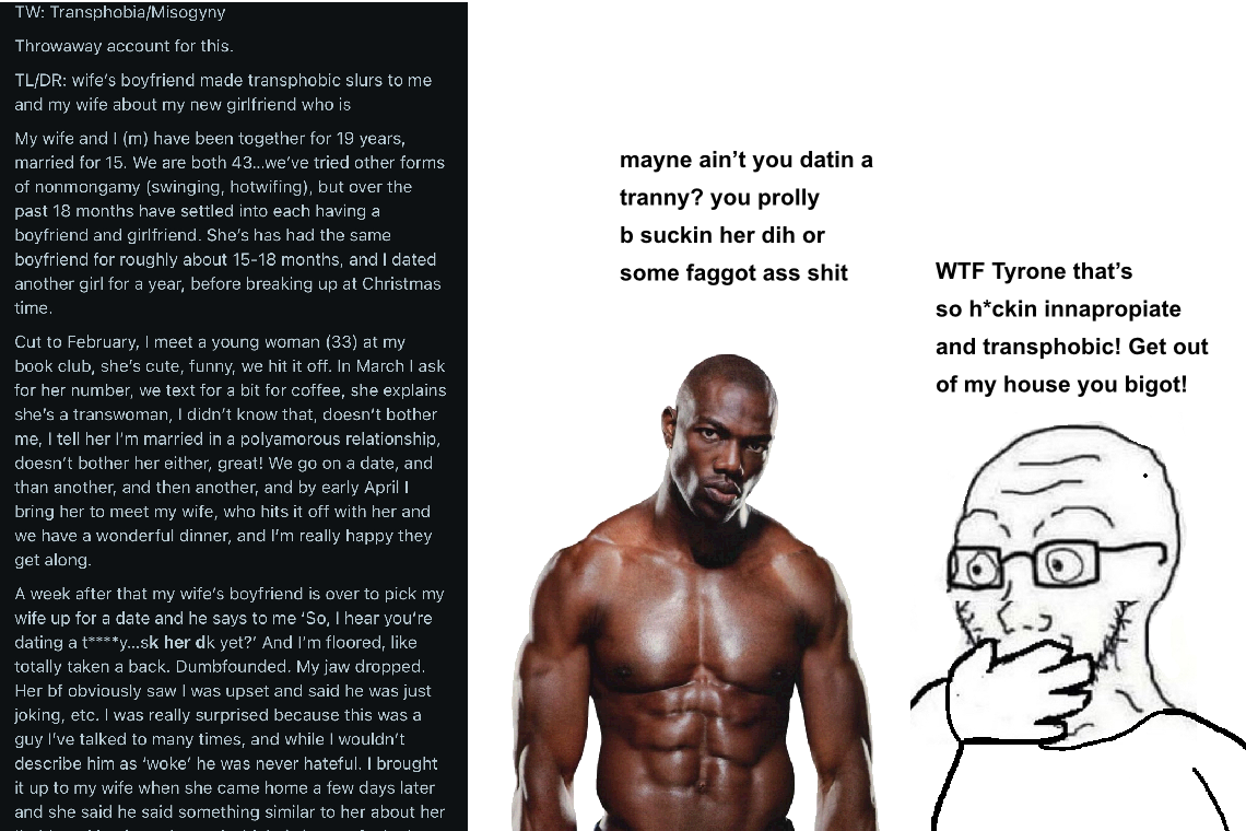 soyak, so true!, black skin, buff, cuck, cuckold, cuckoldry, english text, glasses, looking at you