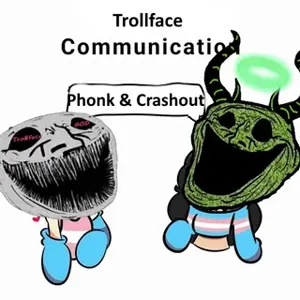 trollface, black eyes, hair, halo, horns, not a soyjak, open mouth, phonk, scary, sharp teeth