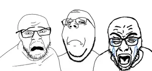 feraljak, gapejak, rupturejak, bald, beard, closed mouth, crying, disgusted, glasses, open mouth