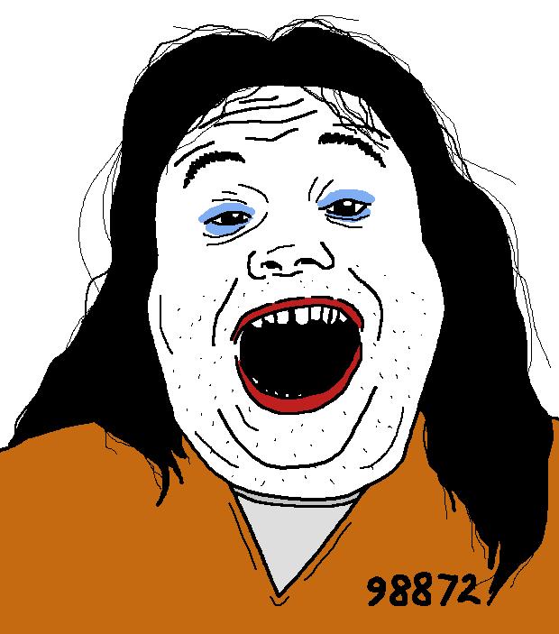 alicia, black hair, chin, criminal, double chin, eyebrows, fat, forehead lines, hair, jail