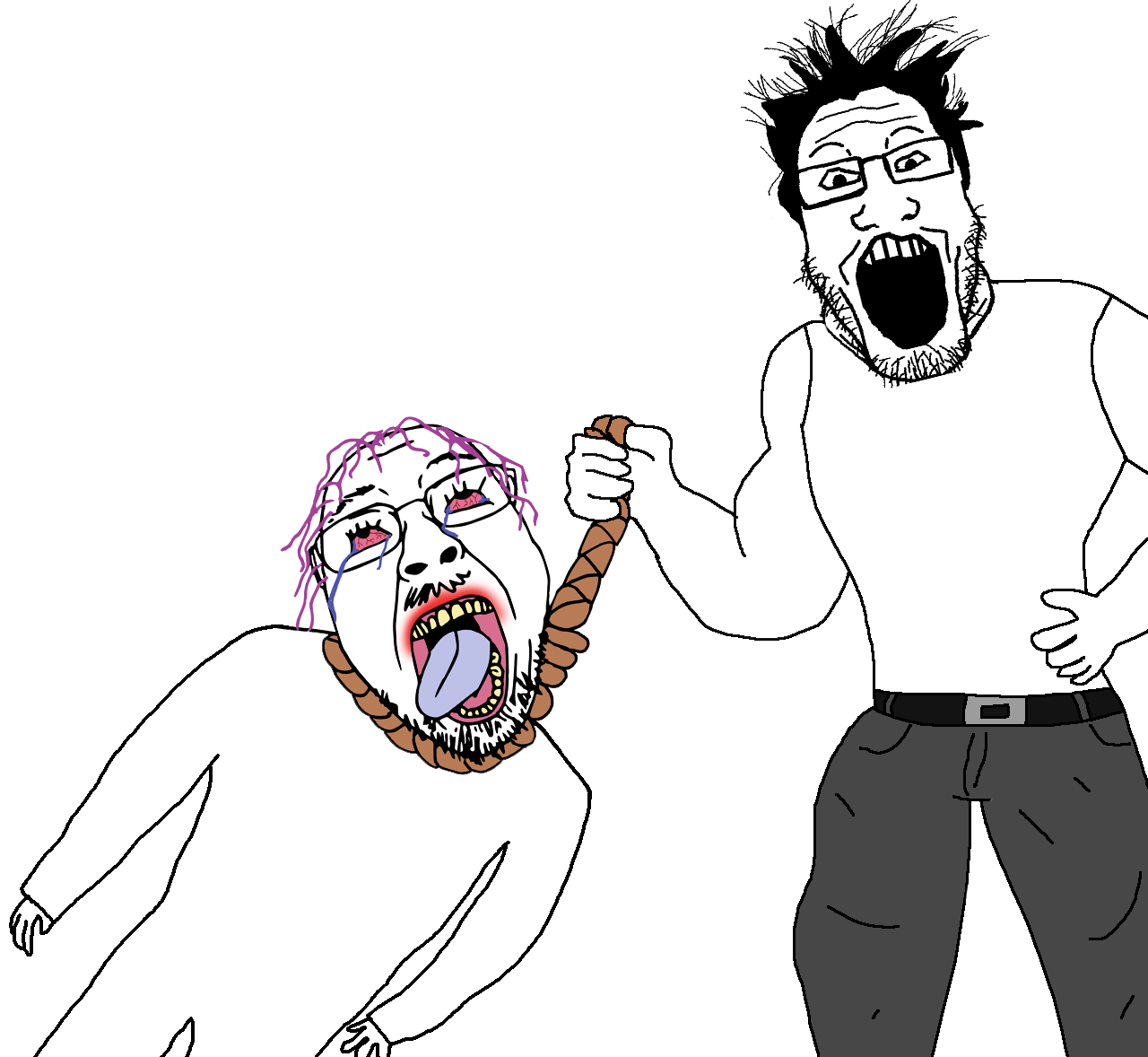 luntik x, bernd, markiplier soyjak, hanging troonjak, troonjak, ack, almost full body, bloodshot eyes, crying, hanging