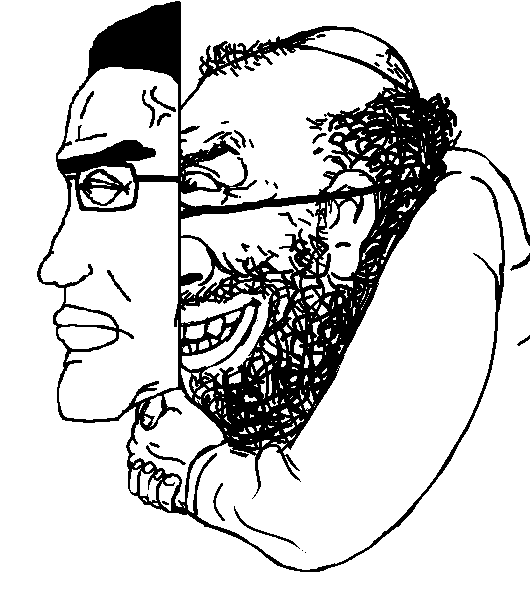 happy merchant, chudjak, perceptive chud, beard, closed mouth, clothes, evil intentions, glasses, hair, half open eyes
