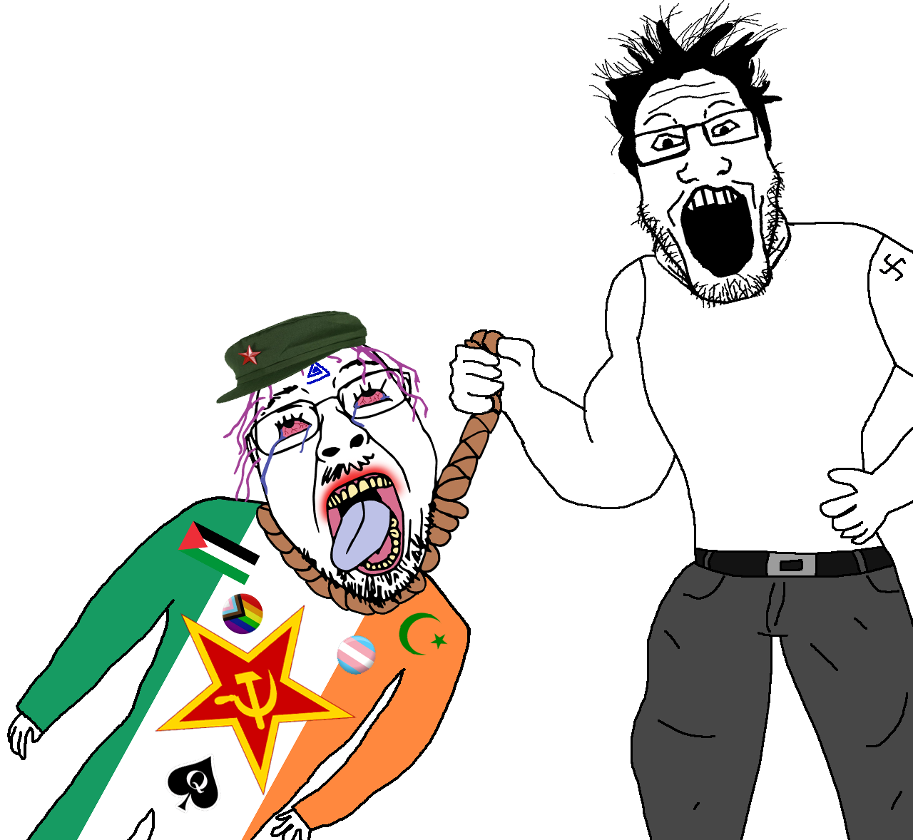 luntik x, bernd, markiplier soyjak, hanging troonjak, troonjak, ack, almost full body, bloodshot eyes, clothes, communism