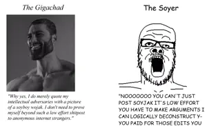 gigachad, a24 slowburn soyjak, argrument, bald, beard, buff, english text, glasses, gray skin, hair