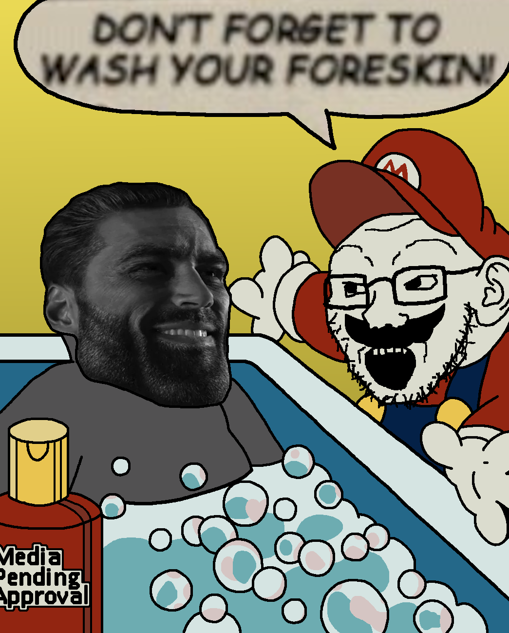 gigachad, mario, soyak, soyak ears, 1nas, 1soyjak, bath, bathtub, beard, blue overalls