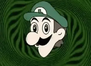 luigi, weegee, animated, black mustache, brown hair, glowing eyes, green hat, hair, mario vs wario, mustache