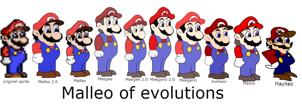 mario, weegee, black hair, black mustache, blue overalls, brown hair, evolution, fakegee, hair, malleo
