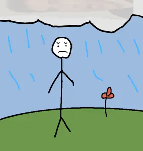 supersagecoal, clouds, doug thomas cromwell, flower, full body, grass, penis, plant, rain, sad