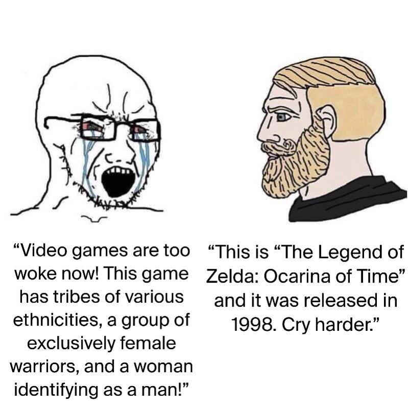 yes chad, soyak, bloodshot eyes, crying, glasses, nintendo, ocarina of time, open mouth, soyjak, speech bubble