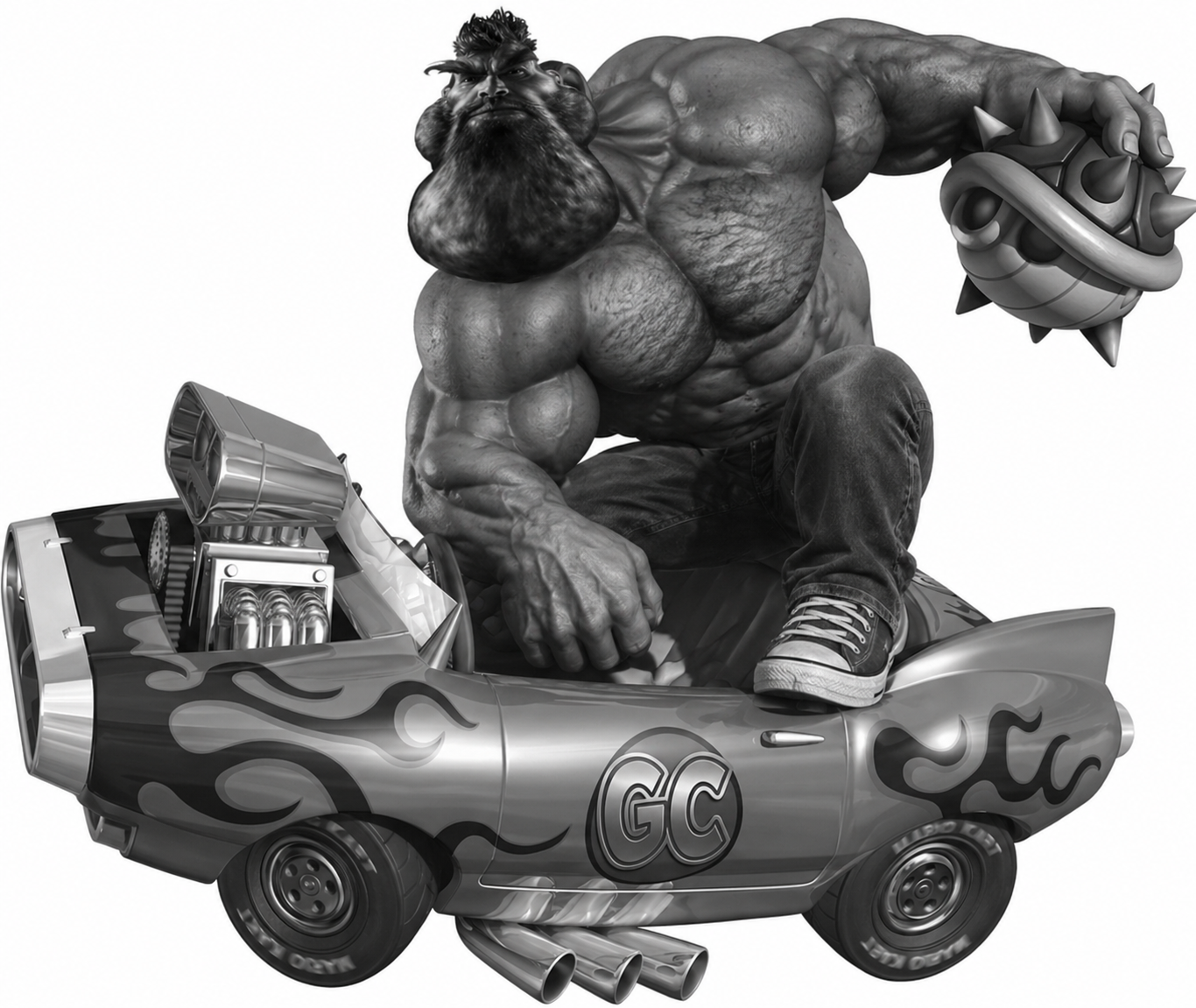 gigachad, mario, petachad, terachad, buff, car, cool, driving, go kart, gray skin
