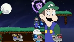 luigi, weegee, black mustache, blue overalls, brown hair, brown mustache, green hat, green shirt, hair, mustache
