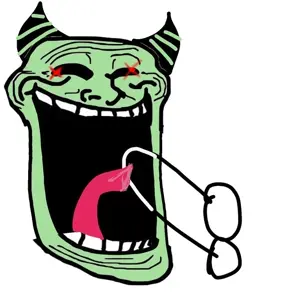 trollface, cocksucker, crossed eyes, green skin, horns, not tuff, open mouth, penis, red eyes, smug