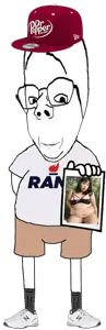 gapejak, rand, wholesome soyjak, brainful, cap, clothes, distorted, dr pepper, full body, glasses