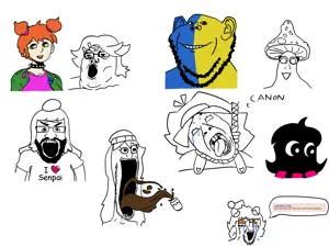 shroomjak, wojak, bernd, cryboy soyjak, impish soyak ears, markiplier soyjak, soyak, tony soprano soyjak, hanging troonjak, science lover