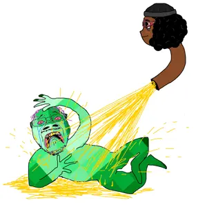 soyniqua, soytan, bernd, afro, brown skin, crying, disembodied, green skin, pee, piss