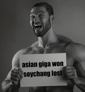 gigachad, soychang, soytan, asiangiga, beard, black hair, buff, gray background, gray skin, grok