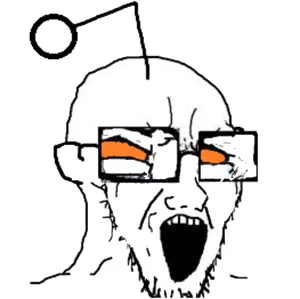 soyak, antenna, ear, glasses, no eyebrows, open mouth, orange eyes, reddit, soyjak, stretched mouth