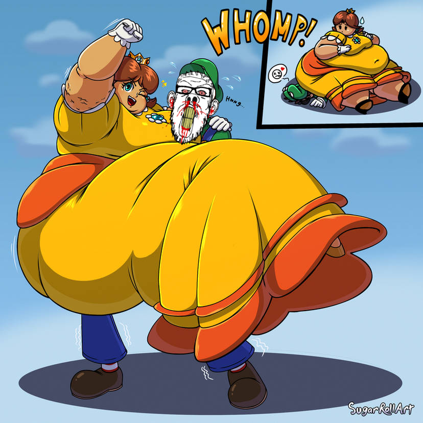 luigi, princess daisy, a24 slowburn soyjak, feraljak, a24 rage, feralrage, blood, bloodshot eyes, cap, carrying