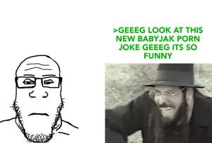 happy merchant, markiplier soyjak, closed mouth, jewish nose, jews, laughing, looking at you, merchant, nose, open mouth