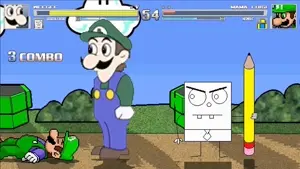 luigi, weegee, black mustache, blue overalls, brown hair, doodlebob, green hat, green shirt, hair, luigi hat