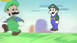 luigi, weegee, black mustache, blue overalls, brown hair, green hat, green shirt, hair, luigi hat, mustache