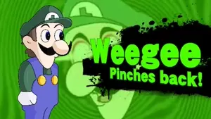 luigi, weegee, black mustache, blue overalls, brown hair, green hat, green shirt, hair, luigi hat, mustache