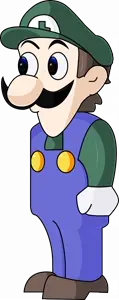 luigi, weegee, black mustache, blue overalls, brown hair, green hat, green shirt, hair, luigi hat, mustache