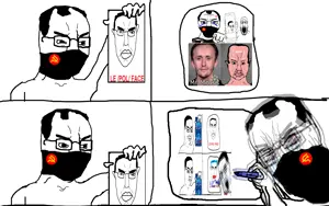 chudjak, chudjak front, pol face, /pol/, angry, arm, bloodshot eyes, chuddy, closed mouth, comic