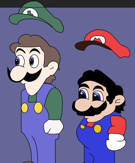 luigi, mario, weegee, black hair, black mustache, blue overalls, brown hair, floating hat, green hat, green shirt