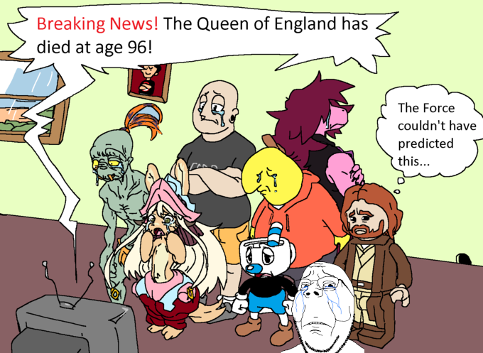 abe (oddworld), nanachi, susie (deltarune), gapejak, weirdpenis, wholesome soyjak, /tv/, background, crying, cuphead