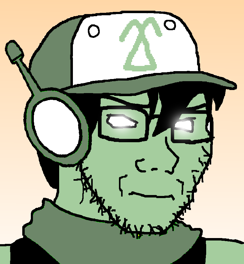 admin thrembo, quote, soyak, beard, black eyes, black glasses, black sclera, black shirt, cave story, closed mouth