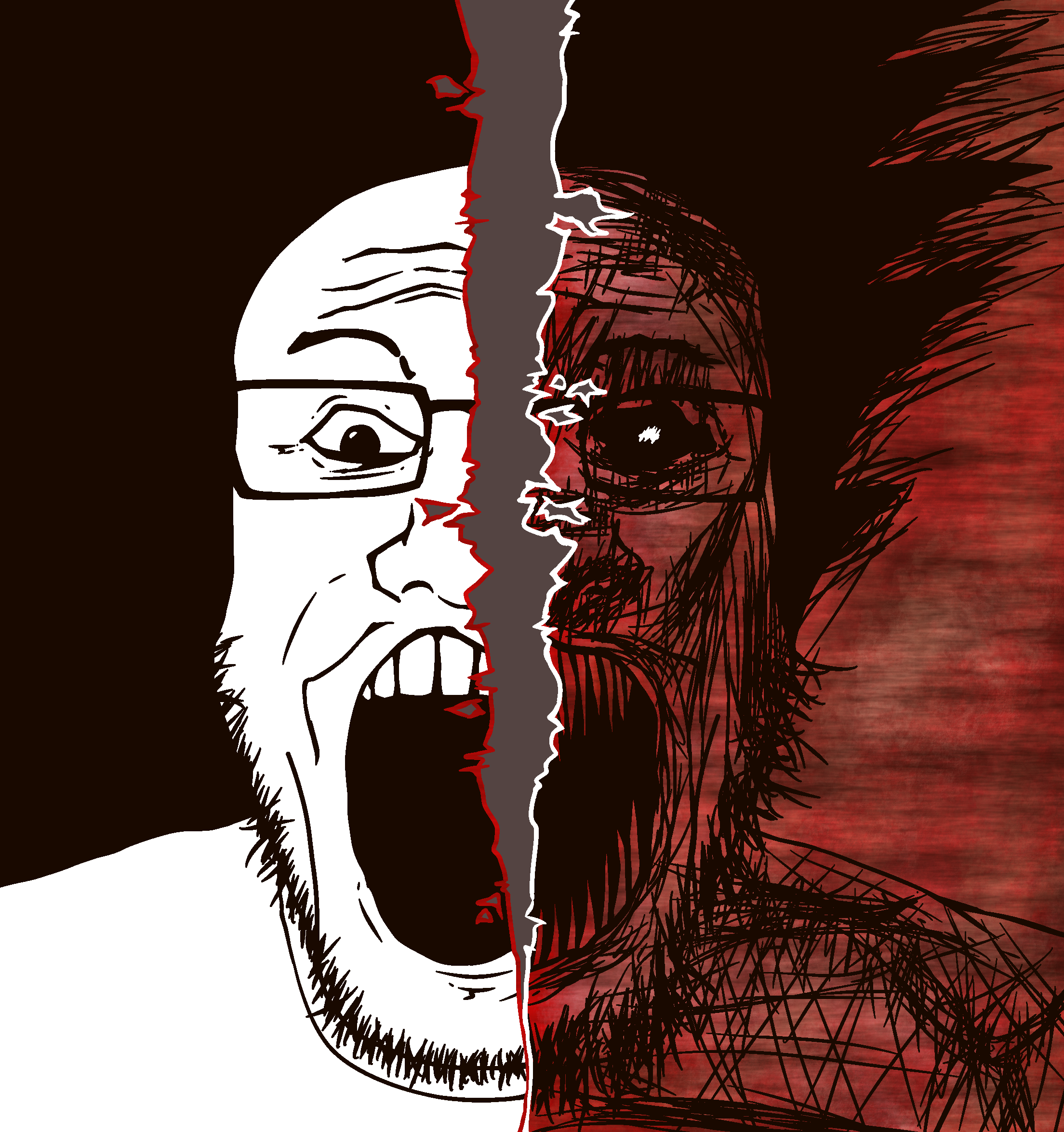 markiplier soyjak, schizojak, art, cracked, dr. jekyll and mr hyde, eyebrows, glasses, hair, horror, looking at you