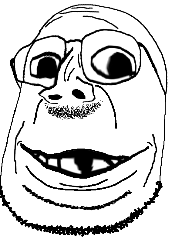 gapejak, emmanuel, emmanuel richardson, wholesome soyjak, bald, black eyes, deformed, glasses, head only, looking at you