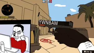 chudjak, arm, closed mouth, computer, counter strike, glasses, gun, hands, holding object, smug