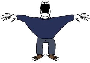 a24 slowburn soyjak, fingerboy, blue pants, blue shirt, brown shoes, claws, lips, monster, open mouth, white skin