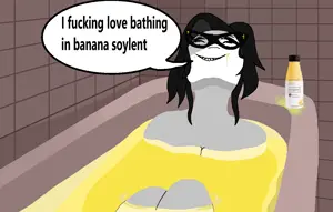 soychang, soytan, soytan bath, alive, banana, bath, bathing in anime girls, bathtub, black hair, black text