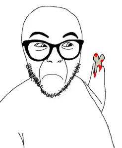 abortion lover, arm, blood, bone, closed mouth, eyebrows, frown, glasses, half body, looking to the right