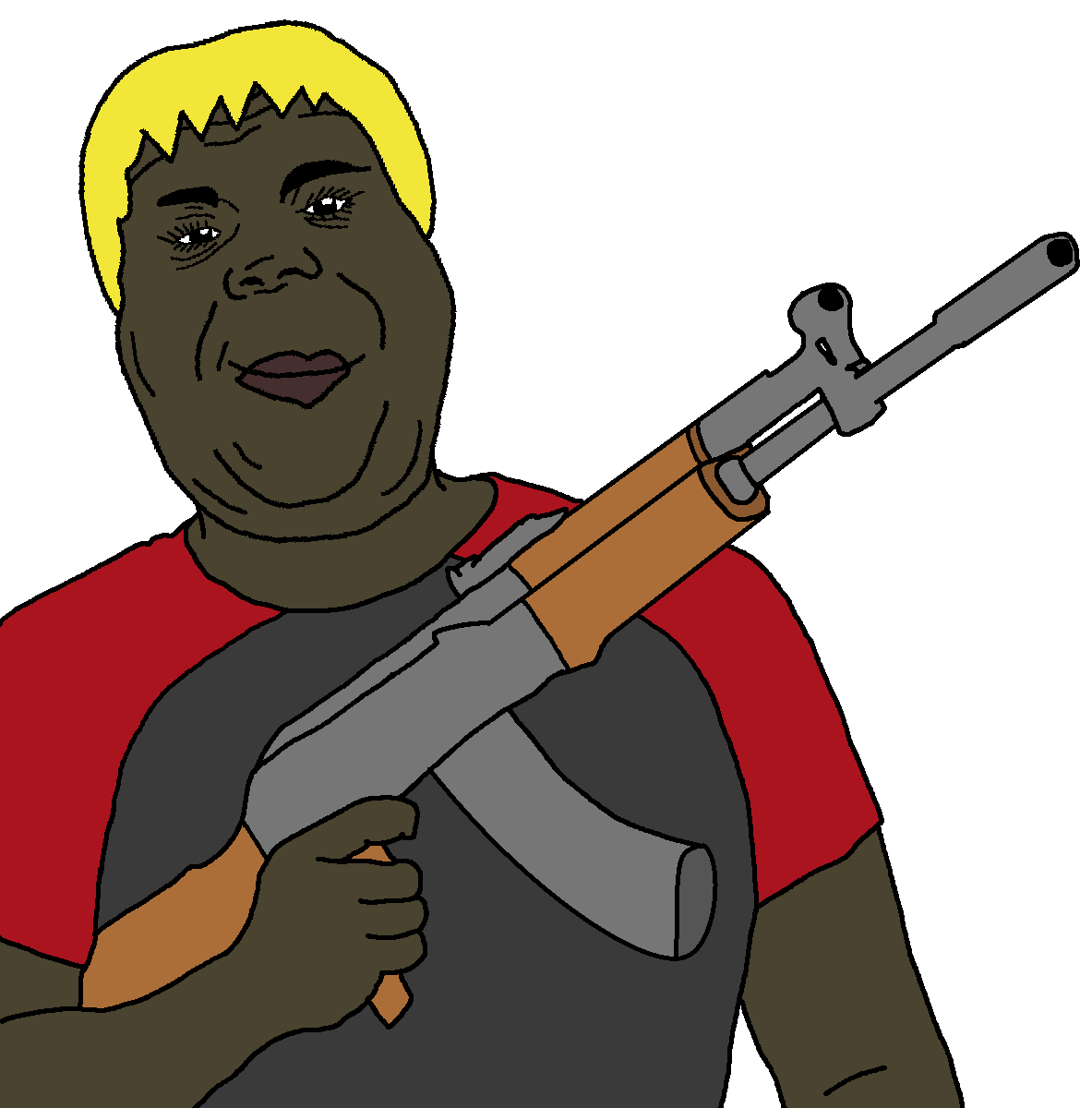 alicia, hunky twink sex machine, hunky twink sex machine, ak-47, assault rifle, black skin, blonde hair, brown skin, gun, hair