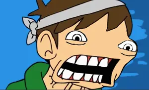 cobson, angry, bandana, brown hair, drawn background, ear, eyebags, eyes, gums, hair