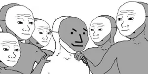 npc wojak, wojak, bald, gray skin, neutral, neutral wojak mask, no beard, no glasses, npc, npc mask