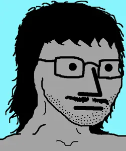npc wojak, wojak, matchajаk, fusionjaks, blue background, closed mouth, glasses, gray skin, hair, mullet