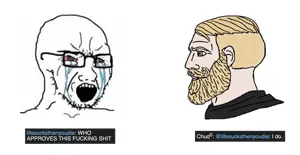yes chad, soyak, bloodshot eyes, crying, glasses, open mouth, screenshot, soybooru, soyjak, stubble