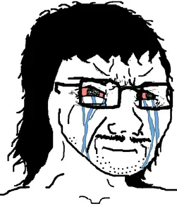 matchajаk, angry, black hair, bloodshot eyes, closed mouth, crying, glasses, hair, mullet, mustache